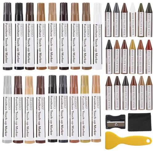 SEISSO Möbel Reparaturset, 39 Stück, 18 Farben Holzmarker und Wachsstifte, Geeignet zum Ausbessern von Flecken, Kratzern und Rissen auf Böden, Schränken, Tischen, Türen, Betten und anderen Holzmöbeln