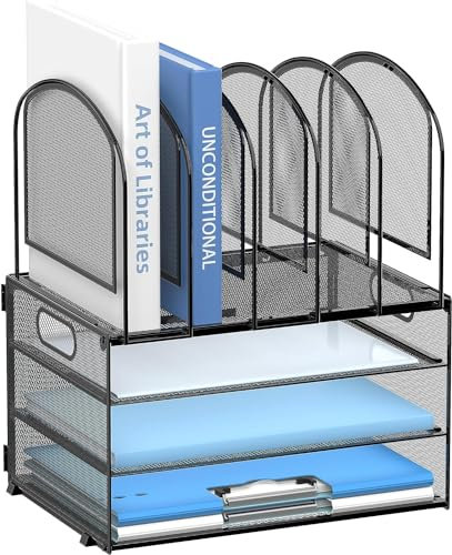SUPTIDY Schreibtisch Organizer, 3-Stöckiger Büro Organizer mit 5 Vertikale Dokumentenablage Ablagefächer und Griffen, Papier Briefablage Organizer, Schwarz