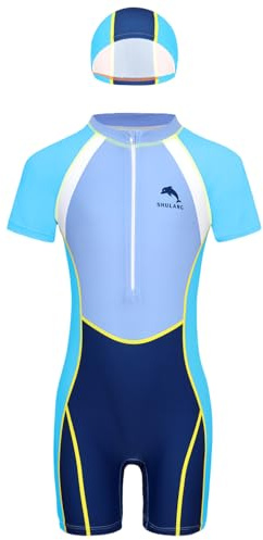 Nyeemya Set 2 Pezzi Costume Intero da Bagno per Ragazzo e Bambino Bodysuit da Bagno con Cuffia da Bagno Tuta da Piscina Nuoto Tuta da Triathlon a Maniche Corte Swimsuit Blu 9-10 Anni