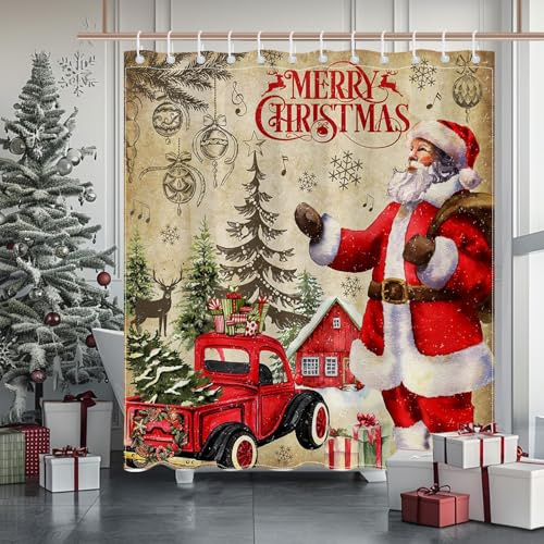 Avezano Rideau de douche vintage Père Noël rouge camion salle de bain rideau de douche de Noël vacances de Noël rideau de baignoire imperméable décoration avec 12 crochets 183 x 183 cm