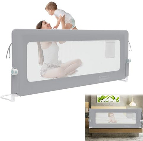 YRHome 200cm Bettgitter Rausfallschutz klappbar 180 Grad drehbar Bettschutzgitter für Kleinkinder luftiges Netz, Höhenverstellbar Rausfallschutz Bett für Kinderbett, Elternbett (Grau)