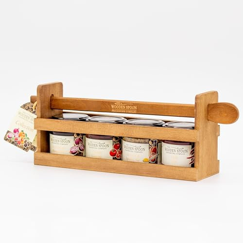 Luxury Savoury Preserves Gift Set, 4 Chutneys & Preserves (Fig & Apple Chutney, Red Onion Marmalade, Chillli Jam, Tomato Chutney) 4 x 113g in Wooden Rack