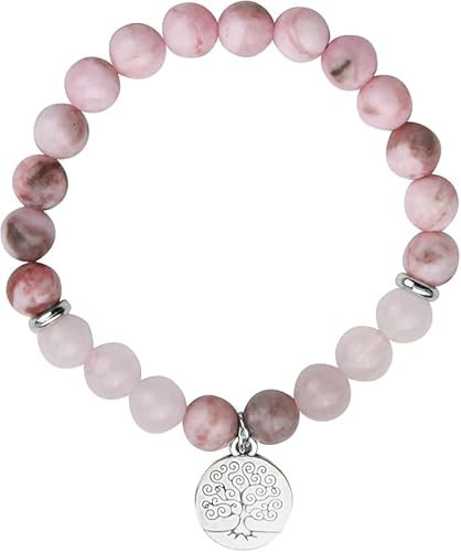 eModwey Bracelet en Quartz Rose et Jade Zèbre de 8mm pour Femmes, Bracelet de Guérison avec Pendentif Arbre de Vie, Yoga Chakra en Pierre Cristal, Idéal pour Couple, Amitié et Partenaire