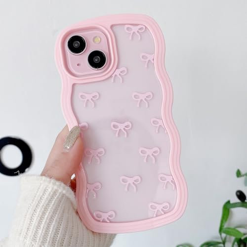 QLTYPRI Bow Case for iPhone 14 Plus/iPhone 15 Plus, Clear Cute Ribbon Bow Phone Case Curly Wavy Aesthetic Phone Case, Slim Soft Transparent Shockproof Protective Cover for Women Girls - Pink