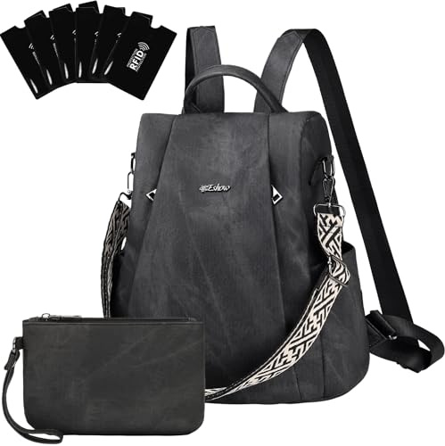Eshow Rucksack Damen Klein, Anti-Diebstahl Elegant Cityrucksack, Wasserdichter Tagesrucksack Veganes Leder, Rucksacktasche mit Clutchbag RFID Blocker Modern für Pendeln Schule Arbeit Reise Schwarz
