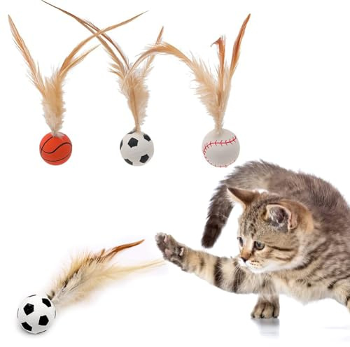 Vibbang 3PCS Cat Bouncy Ball with Feather, Katzen-Hüpfbälle mit Federn, Katzenspielzeug mit Hüpfschwanz für Hauskatzen, interaktive Katzenbälle, Hundespielzeug und Geschenk