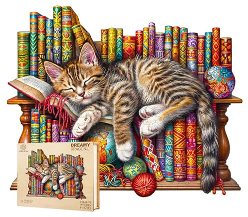 Jigfoxy Wooden Jigsaw Puzzles for Adults, Dragon-Li Cat Wooden Puzzle 280pcs, Unique Animal Shape Wood Puzzle, Birthday Gifts for Family Friend with wooden box(13.4 * 10.8in)