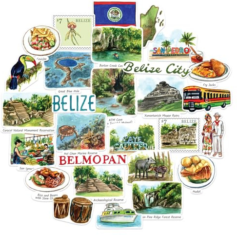 Navy Peony Luftige Belize Reise-Sticker (28 Stück) – Aquarell, Karibik, Belmopan, Belize-inspirierte Aufkleber für Journale, Scrapbooks, Gepäck