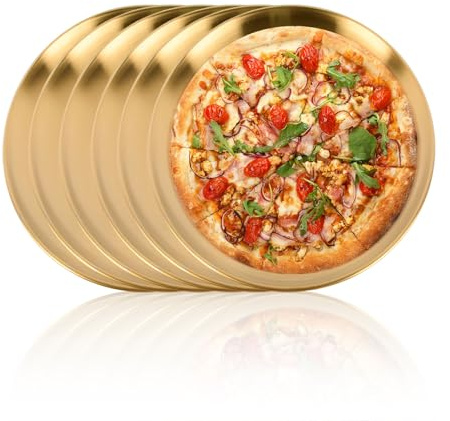 6 pcs 12 Inch Stainless Steel Pizza Oven Trays, Pizza Baking Pan - Round Baking Trays - Non-Stick Pizza Trays for Oven, Healthy and Durable, Dishwasher Safe (Golden)