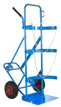 The Workplace Depot Propane Cylinder Trolley – Blue Powder-Coated Steel with Tri-Wheel Stability, Ergonomic Grip Handles, for 47 kg Bottles – Warehouse, Workshop & Lab Use
