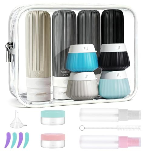 18 botellas de viaje de silicona para rellenar: juego de gadgets de viaje con aprobación TSA, 90 ml Travel Essentials con bolsa transparente ecológica reutilizable – Botella de viaje de silicona