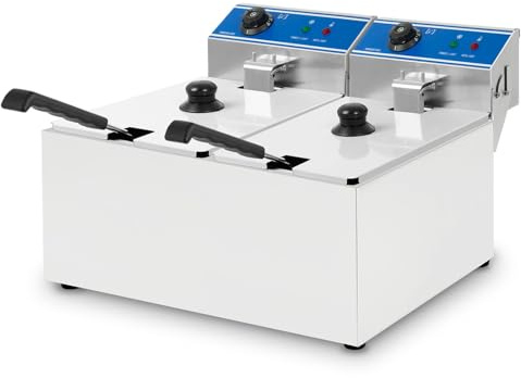 VERTES Friteuse Electrique Professionnelle 2x 8L, 2x 2,8 kW, 230V, Principe de la Zone Froide, Température 60-200°C, Panier à Friture, Fonction Reset, Acier Inoxydable, Fonctionnement à l'Huile