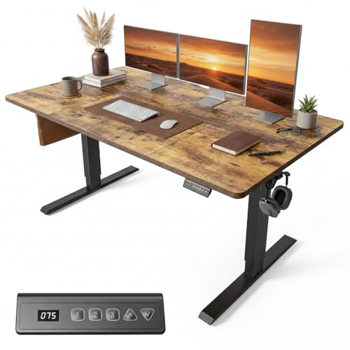 FEZIBO Electric Standing Desk 160 x 80 cm, Height Adjustable Sit Stand Desk with 3 Memory Presets, Home Office Computer Desk, Black Frame with Vintage Brown Top