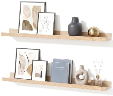 Mifurn Bilderleiste Eiche 90 cm, 2er Set Schweberegal mit erhöhter Vorder- und Rückkante, großes Wandboard für Bilderrahmen, Pflanzen und Dekoration, Regal für Wohnzimmer, Schlafzimmer und Flur