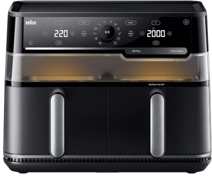 Braun TwinCook 5 – 2-in-1 Heißluftfritteuse 10L, Dual-Zone Airfryer mit Sync & Match Funktion, RealOven Tec 2in1, Air Fry & Fast Oven, digital, antihaft, Mattschwarz (TD5053IBK)
