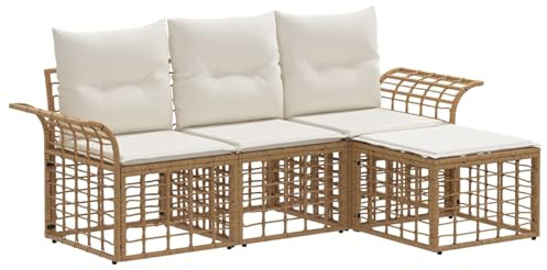 vidaXL Outdoor-Sofagarnitur 4 pcs Natürlich und Cremweiß Polyester, Moderne, wetterfeste Fußpads, verstellbares Sofa-Set, Lounge-Möbel, Poly-Rattan Gartenmöbel