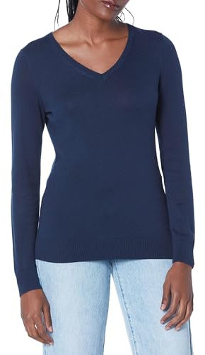 Amazon Essentials Women's Regular-Fit Lightweight Long-Sleeve V-Neck Jumper (Available in Plus Size), Navy, L
