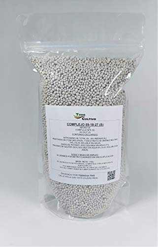 Abono Complejo 9-18-27 NPK. Fertilizante. Indicado para cultivos hortícolas, cereales y árboles frutales en suelos pobres de potasio. 1 Kilo. Gránulos. Uso directo.