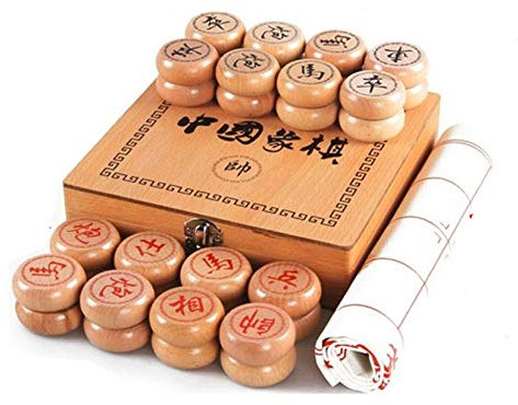Gobus Beech Chinese Schachspiel Reise Spiel Set Xiangqi, Schach Größe: 4 cm Durchmesser (Holzkiste und Leder Schachbrett)