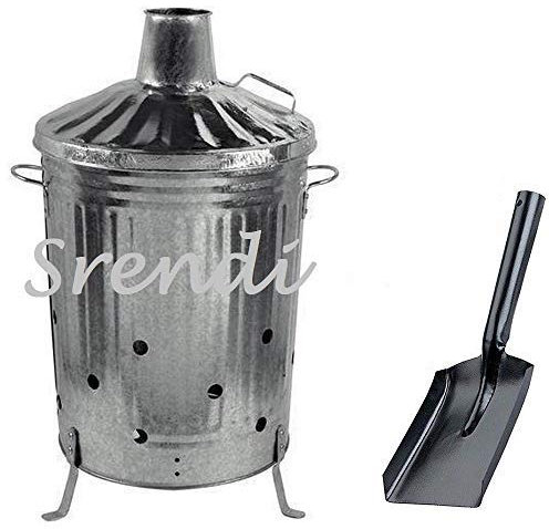 Srendi® Small Medium Large 15L 60L 90L Litre Metal Galvanised Garden Incinerator Fire Bin Burning Leaves Paper Wood Rubbish Dustbin Shovel and Poker Made in U. K. (90L INC+Shovel)