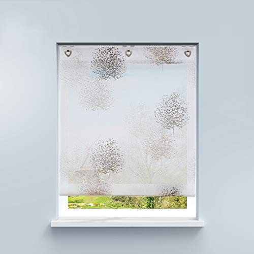 HongYa Raffrollo ohne Bohren Voile Ösenrollo Transparente Raffgardine mit Hakenaufhängung Küche Vorhang Kleinfenster H/B 140/60 cm Baum Muster