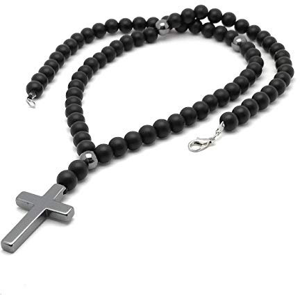 Halskette mit Kreuz Hämatit Onyx perlen Edelstein Cross Rosenkranz