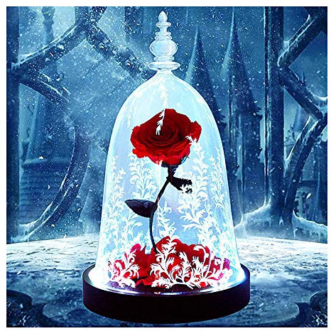 XUMI Roses Éternelles, Belle Et La Bête Éternelle Fleur Rose en Dôme De Verre avec LED Lampe De Nuit Lumières Cadeaux d'anniversaire De Noël pour Fille
