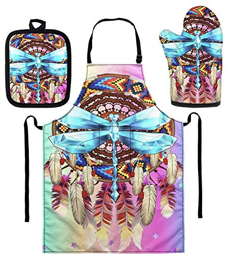 SEANATIVE Dream Catcher with Dragonfly Apron Oven Mitts and Pot Holders Kitchen Apron with Long Ties Women Ruffle Apron for Holidays,Cosplay Home Decor Housewarming Gift 3pcs