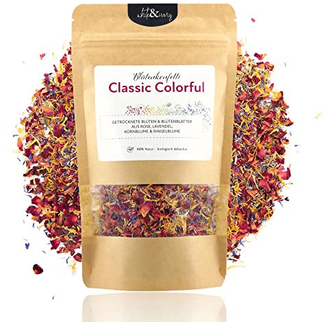 Natürliches Blütenkonfetti Hochzeit Classic Colorful aus getrockneten Blütenblättern - Duft-intensiv - 100% biologisch - Streublumen Mischung Lavendel Rose Kornblume Ringelblume (30g / 0,5 Liter)