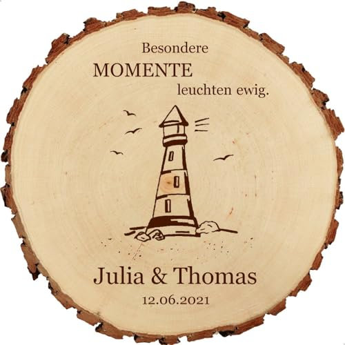 Baumscheibe 23cm mit Gravur (Namen, Datum) personalisierte Holz-Scheibe mit Leuchtturm, Hochzeitsgeschenke Geschenk-Idee Jubiläum Hochzeit/Jahrestag für Männer & Frauen, MotivH4