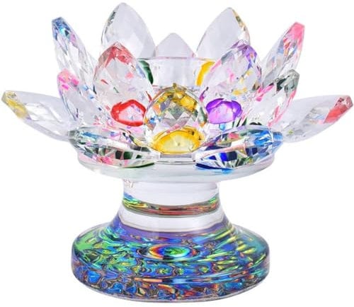 JJQHYC Bunter Kerzenhalter Kristall Lotus Blumen Teelichthalter Kerzenhalter Deko Regenbogen Lotusblume Teelicht Dekoration Kristall Glas Kerzenständer