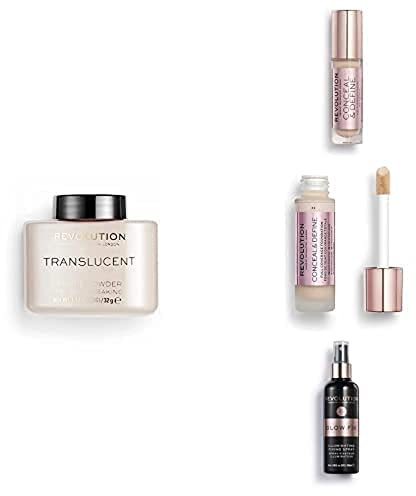 Makeup Revolution, Perfect Base Face Bundle, Conceal & Define C3 / F3 Concealer & Foundation, Translucent Loose Baking Powder and Glow Fixing Spray