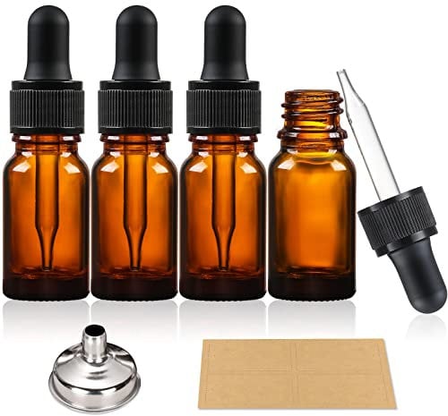 AOZITA 4 x 10ml Amber Brown Glass Bottles with Dropper Pipettes - Come with 1 Stainless Steel Funnel & 4 Lables - Tincture Dropper Bottles for Essential Oils, Aromatherapy Blends, Liquids