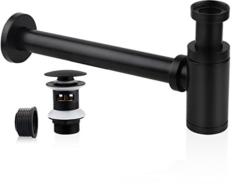 EXLECO Siphon de Lavabo avec Bonde de Lavabo, Universel Tube Siphon de Lavabo Siphon en Acier Inox 1 1/4 x 32mm Salle de Bain Siphon Évier Métal Siphon à Tube Siphon à Tube Syphon Lavabo Reglable Noir