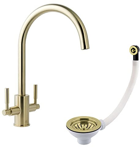 Brushed Brass Dual Lever Kitchen Basin Mixer & Basket Strainer | Single Hole Basin Tap with Double Lever Handles | Dual Lever Mixer & Round Overflow Waste | Mixer Tap for Basin Double Handles Tap