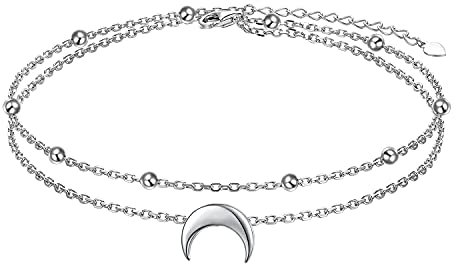 Flyow Moon Layered Fußkettchen 925 Sterling Silber für Damen Mädchen Einstellbare Perlen Halbmond Knöchel Armband Boho Strand Fuß Kette 9+1,5 Zoll Charme Schmuck