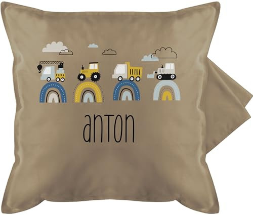 Kissenbezug - Baustelle I Traktor I Bagger I Kran I Kipper I LKW I Planierraupe - 50 x 50 cm - Beige Natur - baustellen Kissen personalisiertes trecker Traktor, kissenhülle Kinder traktormotiv
