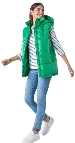 Roman Originals Quilted Gilet with Hood for Women UK Ladies Sleeveless Coat Hooded Jacket Padded Bodywarmer Winter Lightweight Warm Autumn Funnel Neck Longline Soft Bubbly - Green Gloss - Size 18