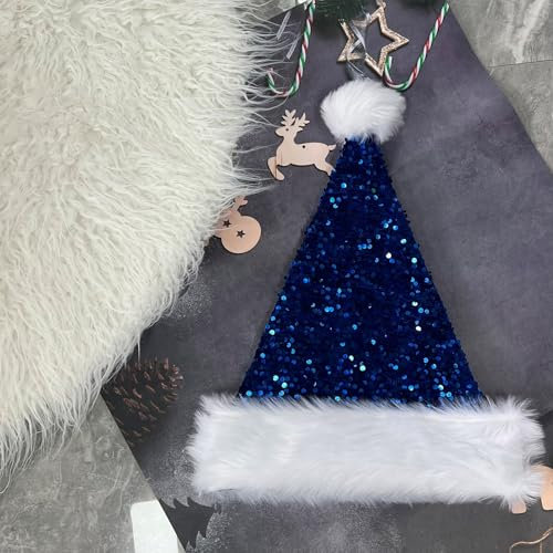 Glitzer Pailletten Weihnachtsmütze für Kinder Erwachsene,Blau Plüsche Santa Mütze mit Glitzer Pailletten,Bequemes Dicker Klassischer nikolaus mütze aus Samt für festliche Partys im neuen Jahr