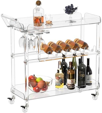 HMYHUM Acryl-Barwagen mit 4 feststellbaren Rädern, transparenter Servierwagen mit Weinregal und Glashalter, rollender Getränkewagen für Zuhause, Küche, Esszimmer, 85,6 cm L x 33 cm B x 88,4 cm H