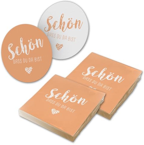 itenga 40x Servietten mit 40x Bierdeckel Schön dass du da bist (apricot)