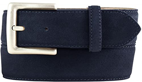 BELTINGER Gürtel aus Veloursleder mit altsilberner Gürtelschnalle 4 cm | Velour-Ledergürtel 40mm | Wildleder-Gürtel alt-silber 4cm | Marine 120cm