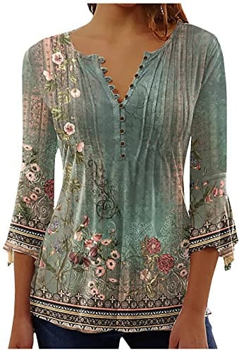 Women's Long Sleeve T Shirts Elegant Summer Boho Floral Henley Tops Button Up V Neck Tunic Pleated Blouses Loose Fit Pullover Tops 3/4 Sleeve Tees for Spring Autumn