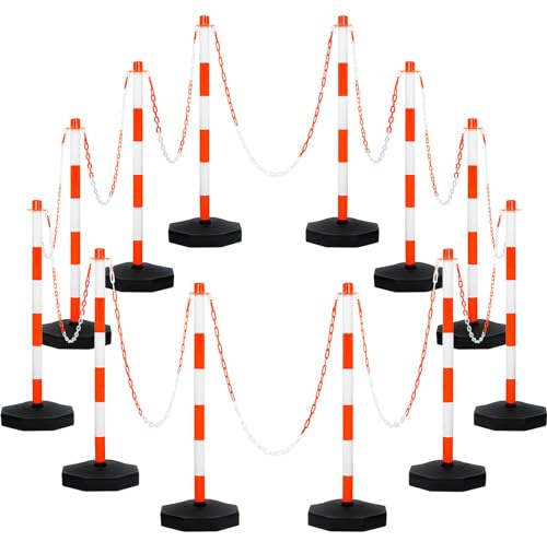 Amylove 12 Packs Traffic Delineator Post Cone with Base, Traffic Cones Safety Cones Caution Cones Plastic Stanchion Chain Safety Barriers with 6.6 Feet Link Chain and S Hooks for Parking Lot (Orange)