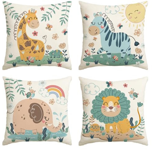 Artoid Mode Wildtiere Giraffe Elefant Zebra Löwe Dschungel Kinder Kissenbezüge 4er Set, 45x45 cm Zierkissenbezug Cushion Cover Couch Wohnzimmer Deko