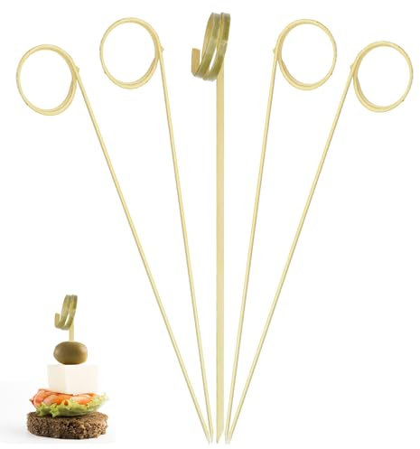 EXNIMA 100 Piezas, Palillos de Bambú para Cócteles y Brochetas, Accesorios Originales para Fiestas y Barbacoas,Palitos de Madera Reutilizables,Utensilios de Cocina (9 cm, Espiral Pack 100)