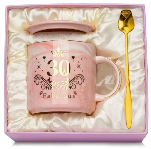30 Cumpleaños Taza de Cerámica Jaspeada Rosa, 30 Años Regalos Originales Para Mujer Cumpleaños 30 Regalo Cumpleaños Mujer Regalo, Viene con Tapa, Cuchara, Tarjeta de Felicitación y Caja de Regalo