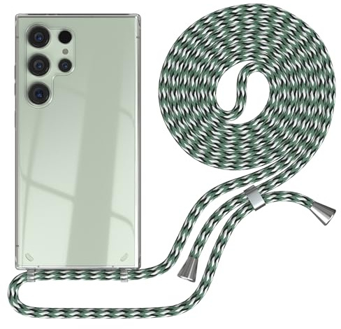 EAZY CASE - Handykette kompatibel mit Samsung Galaxy S24 Ultra Kette zum Umhängen für Galaxy S24 Ultra Hülle mit Band aus Silikon stoßfeste transparente Handyhülle Hell Grün Camouflage - Clips Silber