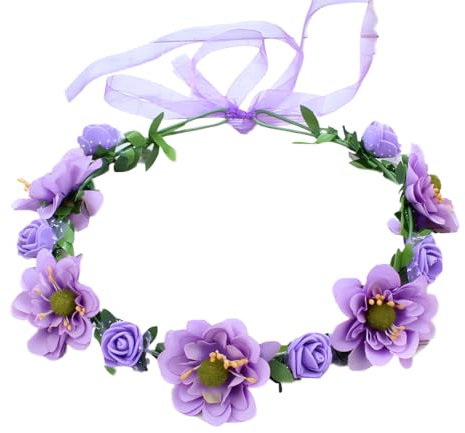 QHFlashbuy Coroncine Fiori per Capelli,Fiori Corona Fascia Capelli con Nastro Regolabile Flower Crown,Fascia per Capelli con Corona di Fiori per Festival Festa(Purple)
