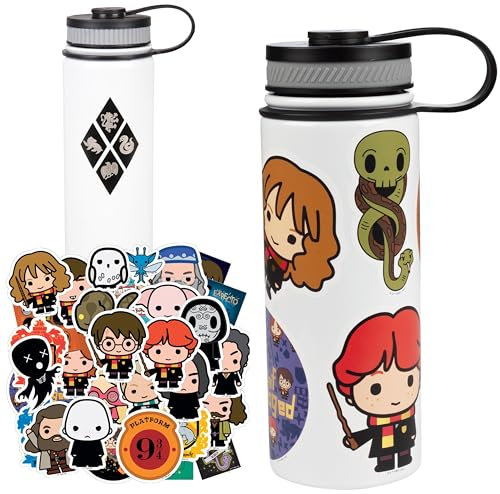 Harry Potter Set di adesivi in vinile e bottiglia d'acqua, 50 adesivi impermeabili e bottiglia isolata in acciaio inox, licenza ufficiale, regalo per bambini, ragazze, ragazzi, ragazzi